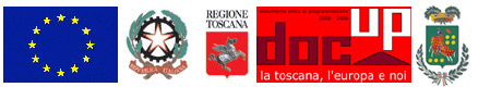 Logo e Stemmi degli Enti partecipanti: bandiera dell'Unione Europea, stemma della Regione Toscana, logo del Ministro per l'innovazione e le tecnologie e del Piano Nazionale di e-government, stemma della Provincia di Prato.